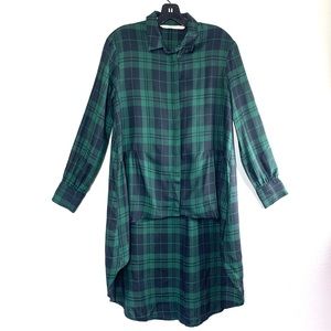 Zara Green Plaid High Low Collar Button Up Tunic Top